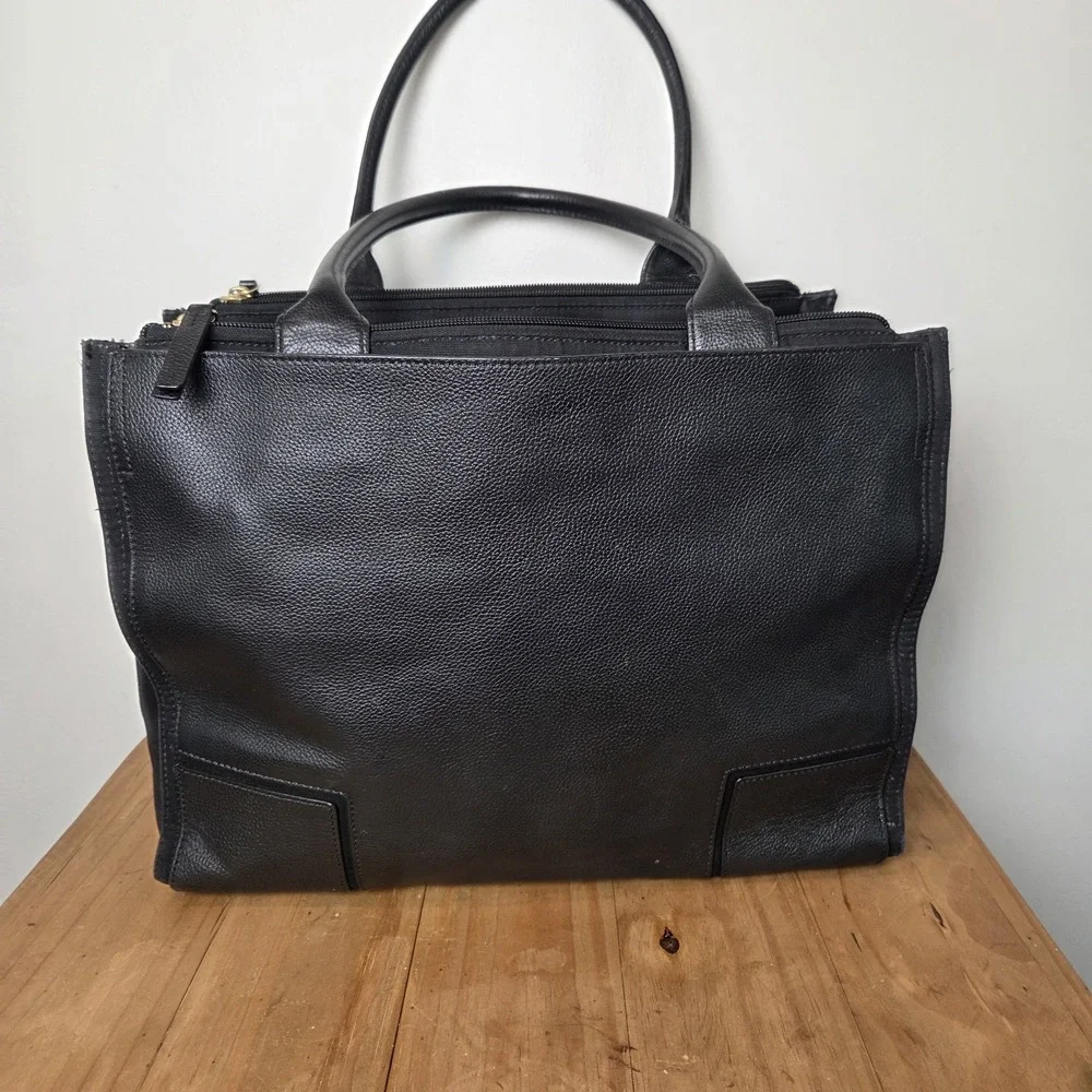 Tory Burch Black Pebbled Leather Large Tote Shoulder Bag Work Laptop Purse